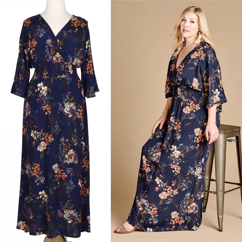 Moody Florals 2X Navy Blue Boho Gypsy Maxi Dress - Picture 1 of 8